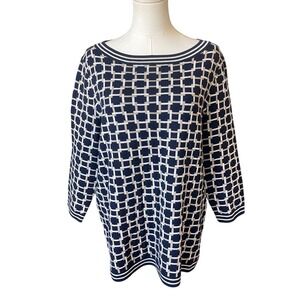 Talbots Merino Wool Geometric Chain Sweater Navy 1X Old Money Heritage Nautical